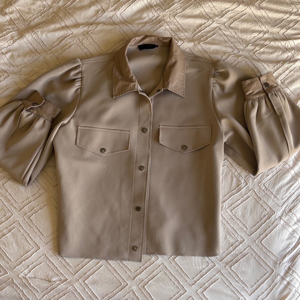 Tan Button-Up Blouse with Puff Sleeves